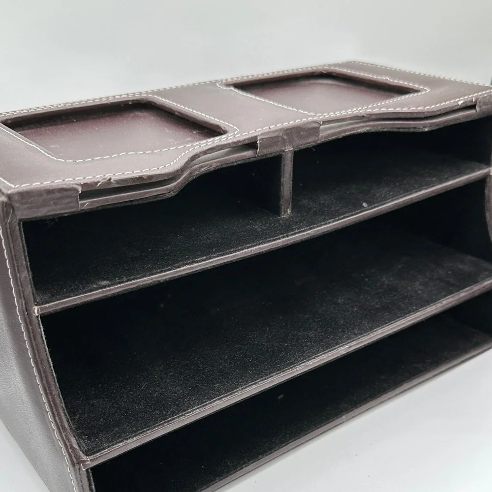 Dark brown faux leather desk organizer with white contrast stitching